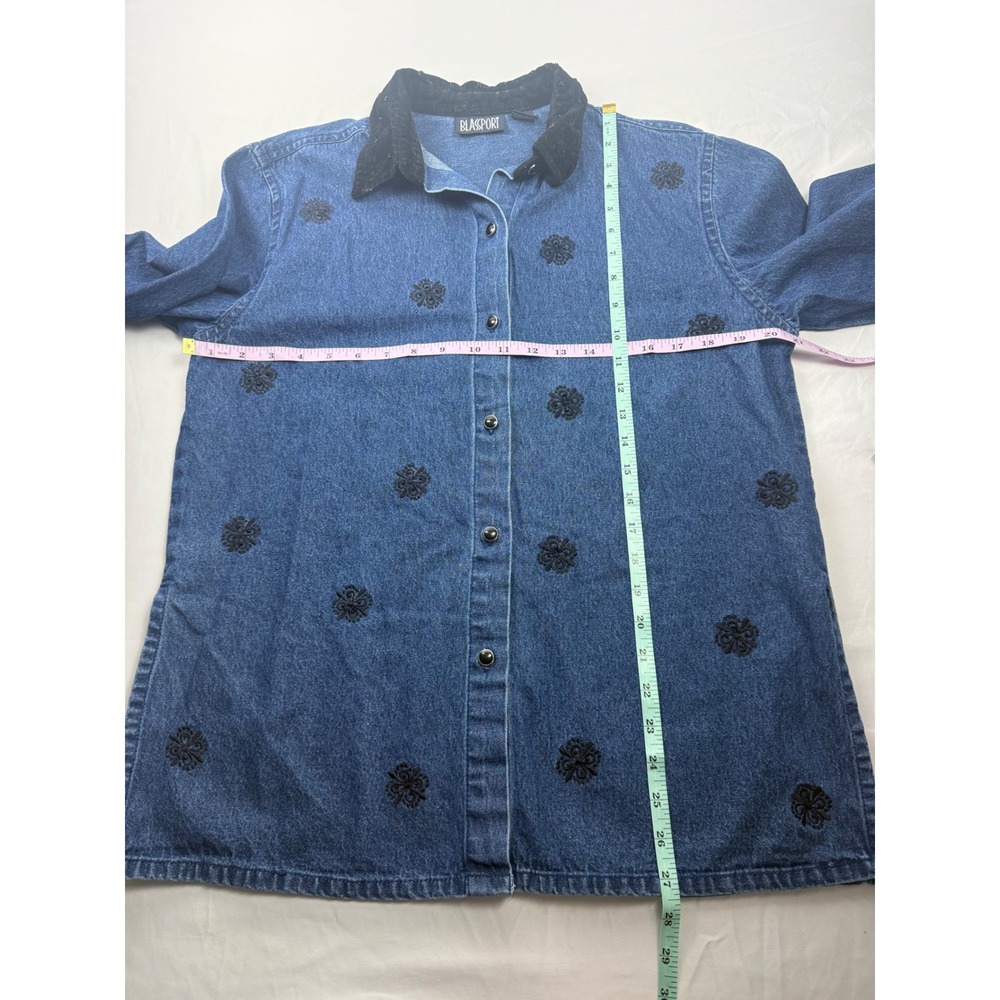 Blassport Denim Shirt Womens Medium Blue Embroidered Velvet Collar Beaded Cotton - Picture 4 of 9
